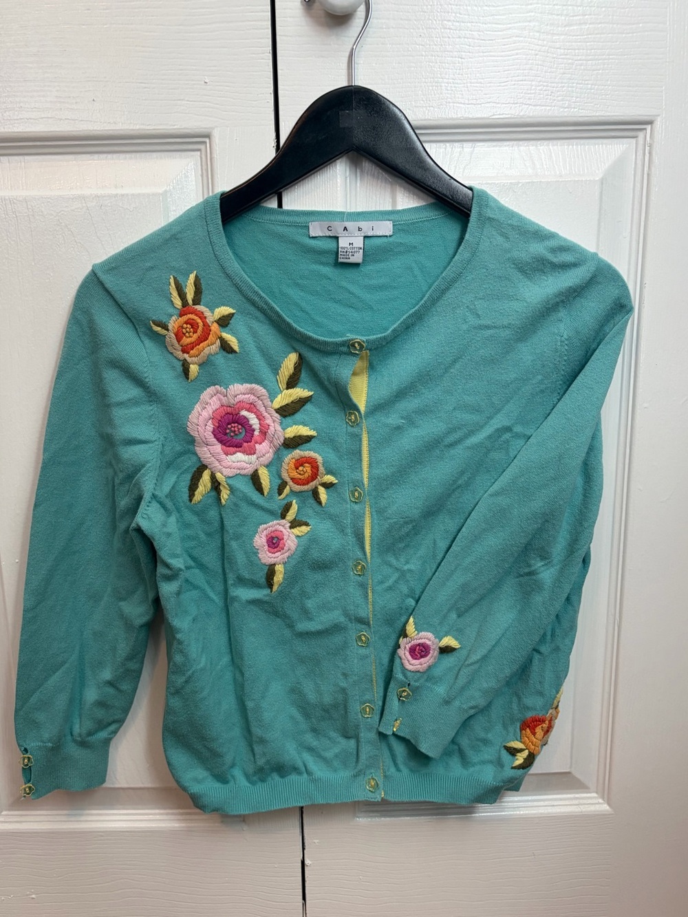 CAbi Aqua Blue Embroidered Floral Cardigan